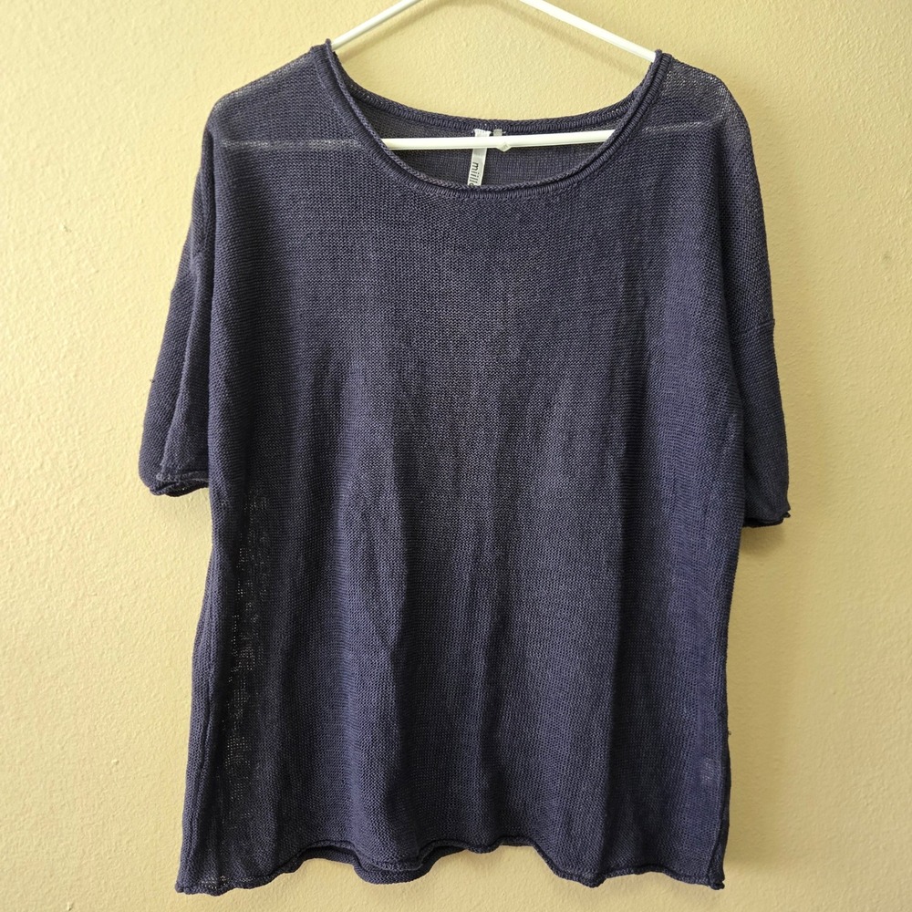 Milla Navy Blue 100% Linen Knit Short Sleeve Sweater Top Women's Medium